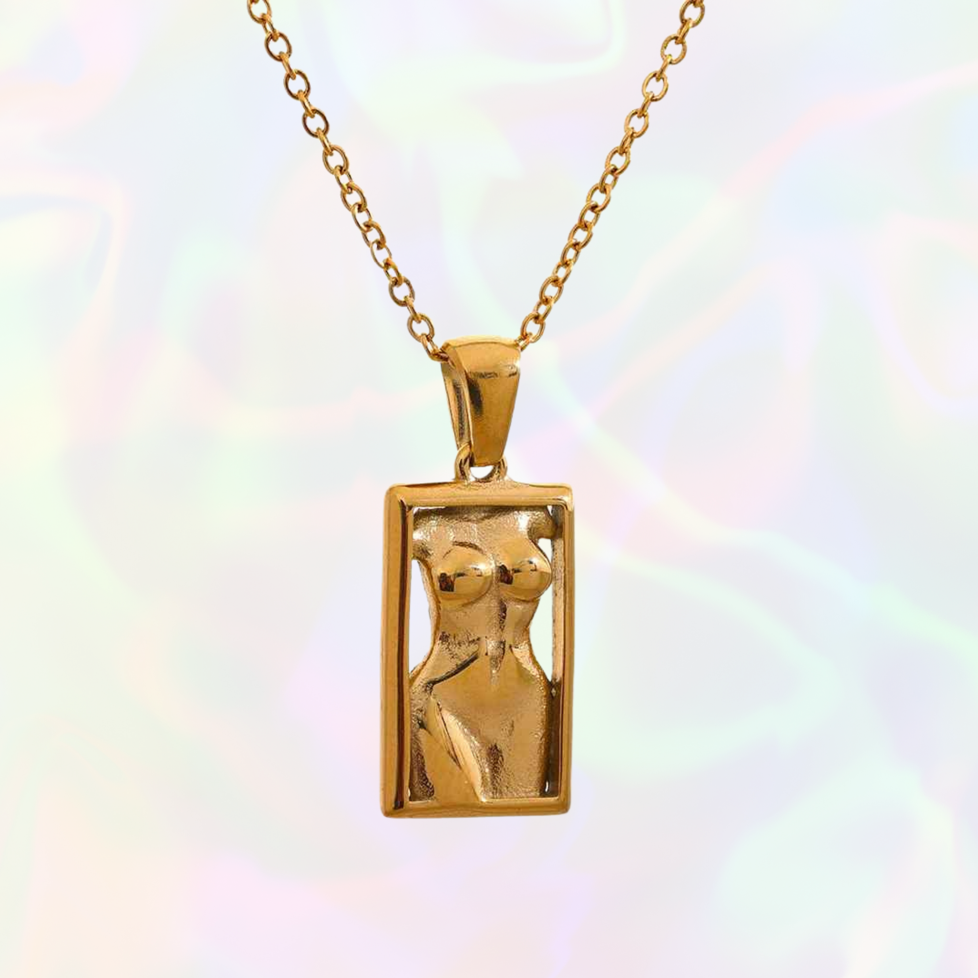 Women's body gold pendant necklace on a colorful gradient background