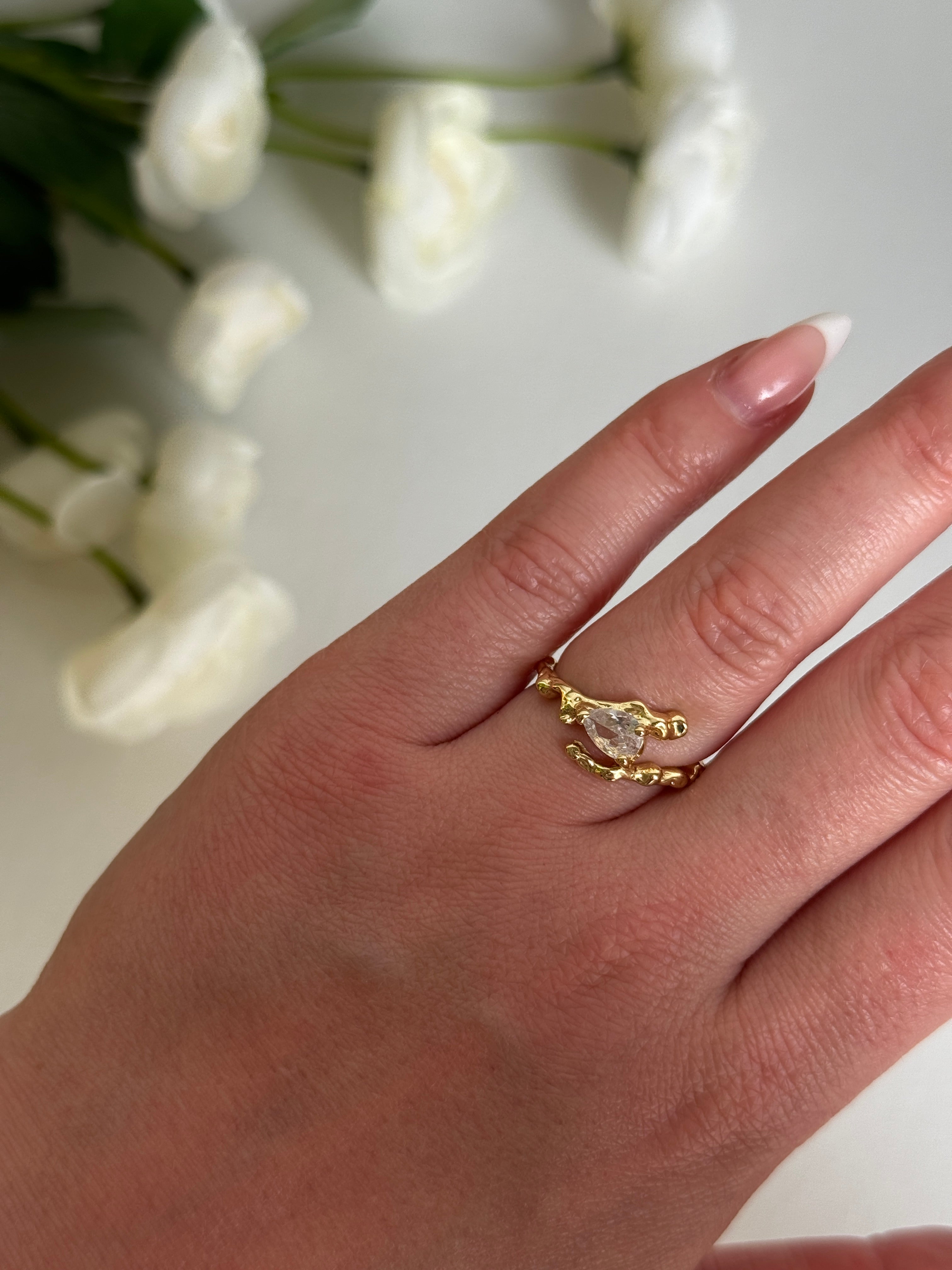 Hand wearing a gold stainless steel ring with a heart-shaped gemstone, surrounded by white flowers.