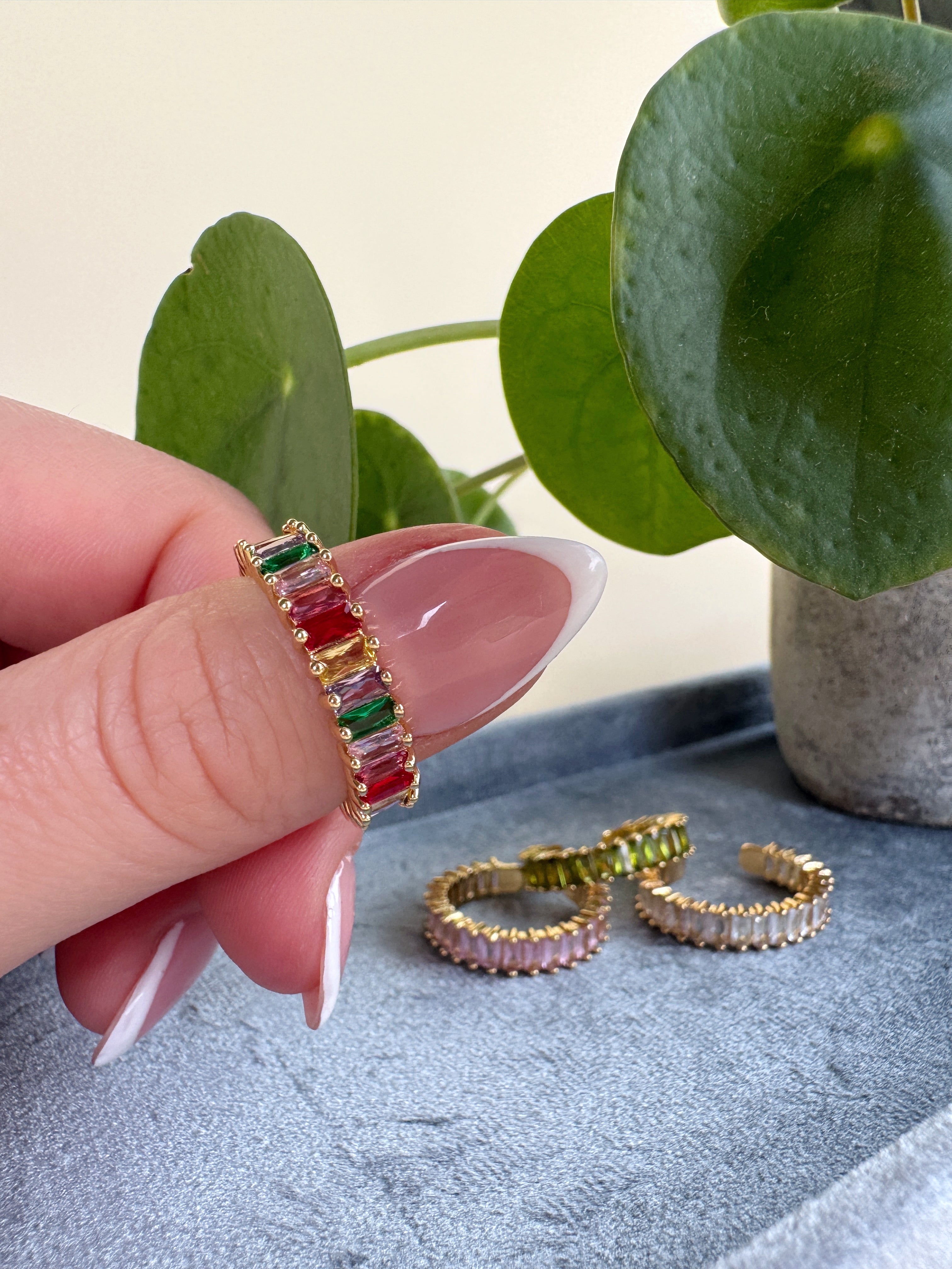Colorful ring held by a hand with green leaves in the background