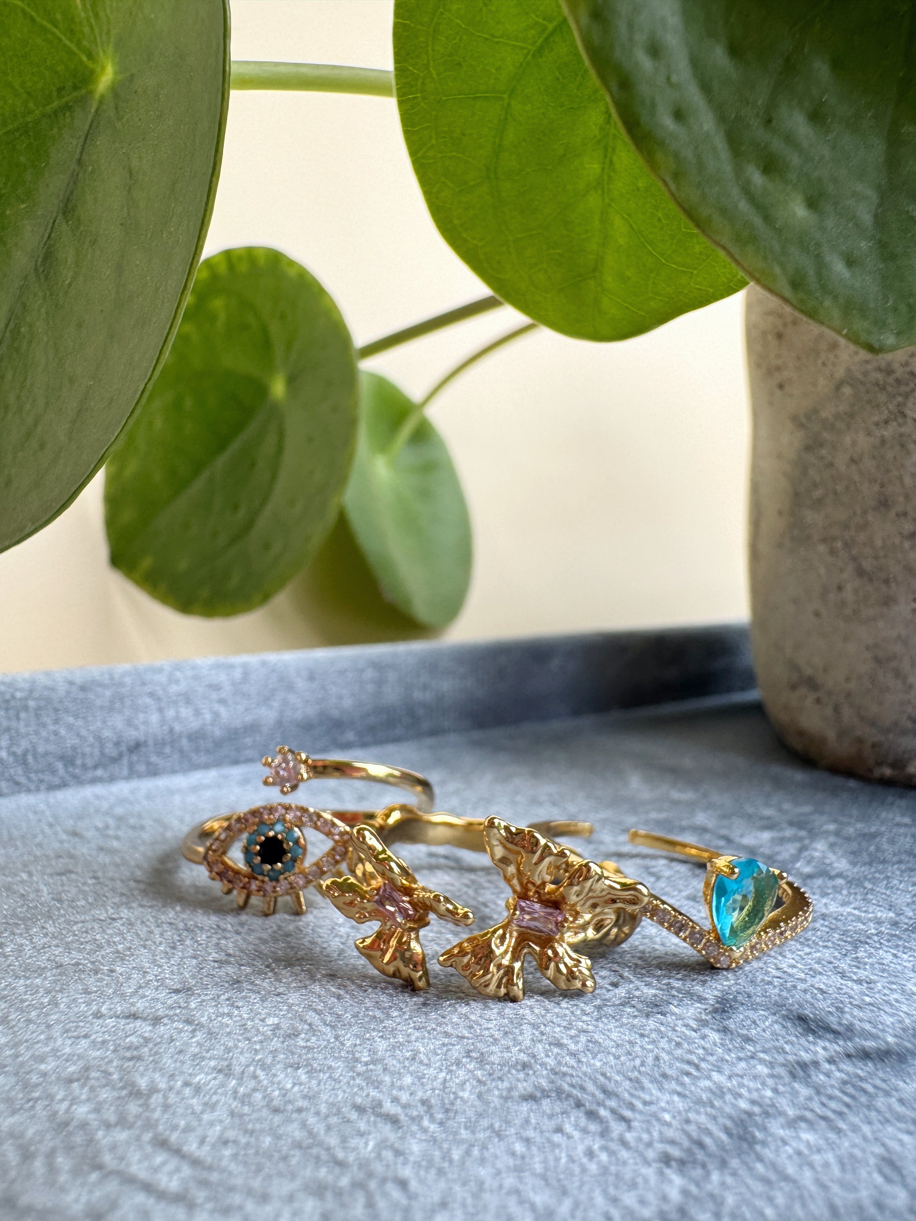 Gold rings with gemstones on a textured surface with a plant in the background