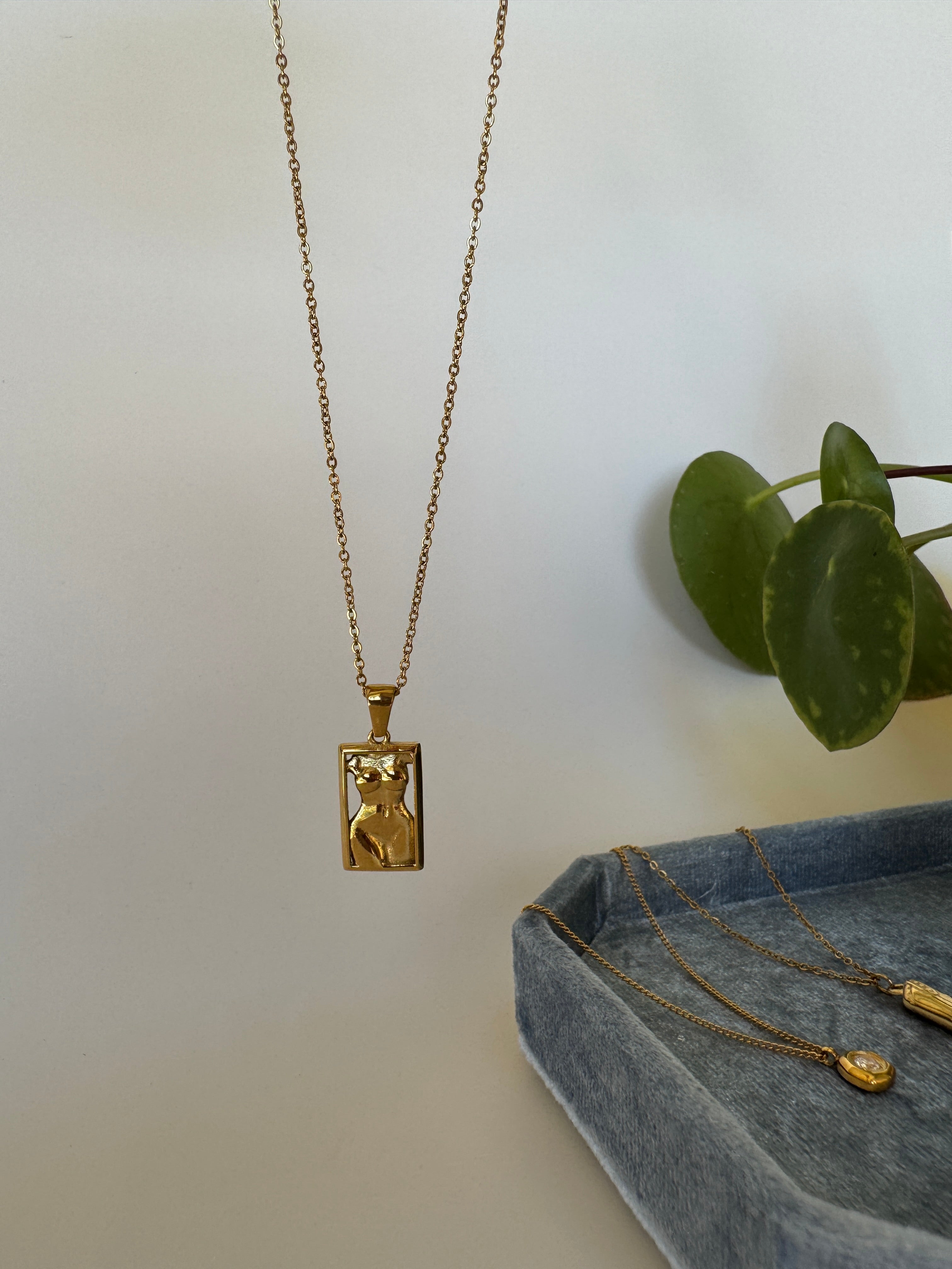 Gold necklace with a woman pendant on a white surface next to a plant