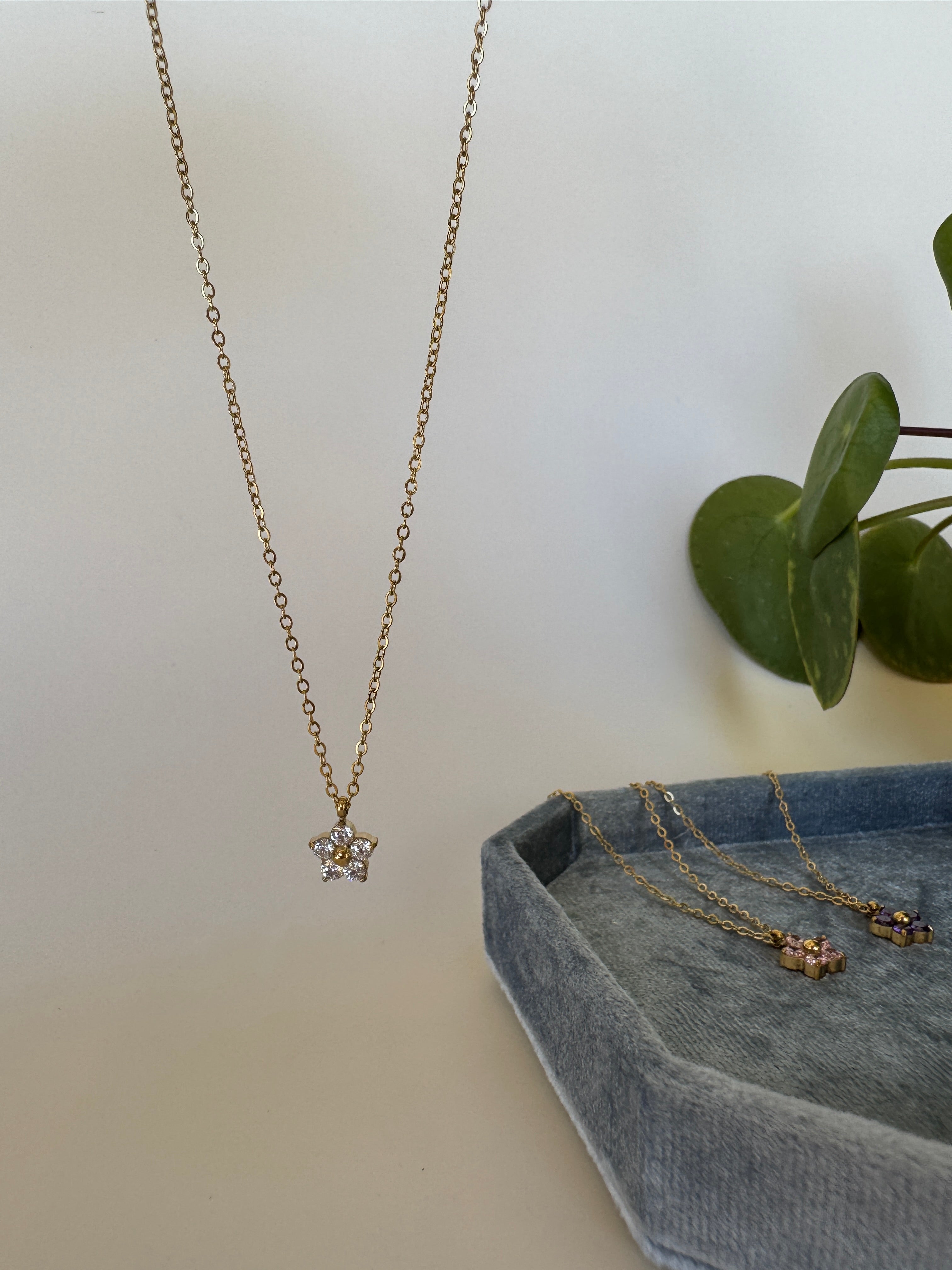 Gold necklace with a star pendant on a white surface with a plant in the background