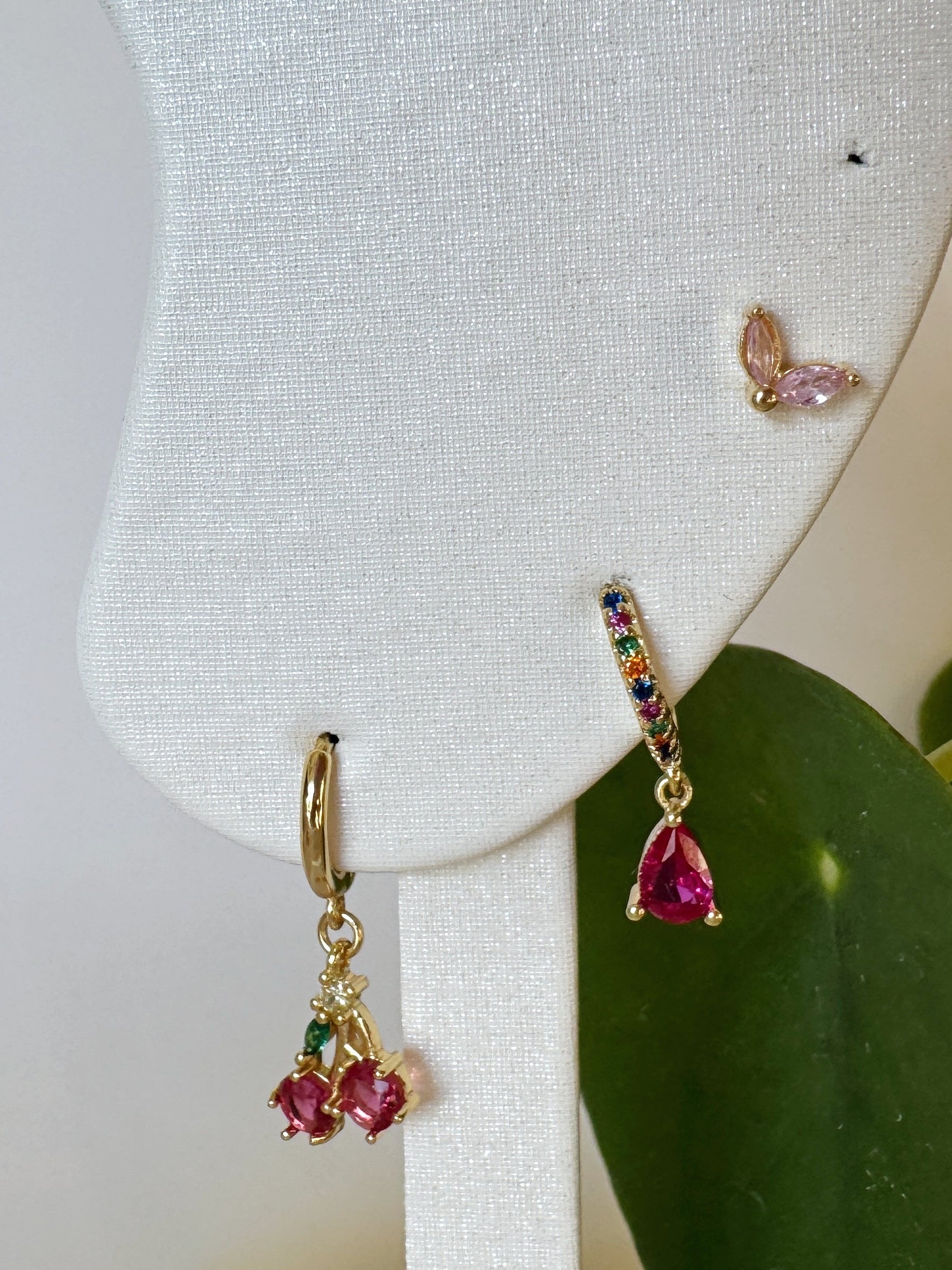 Set of 3 earrings, including a red cherry hoop