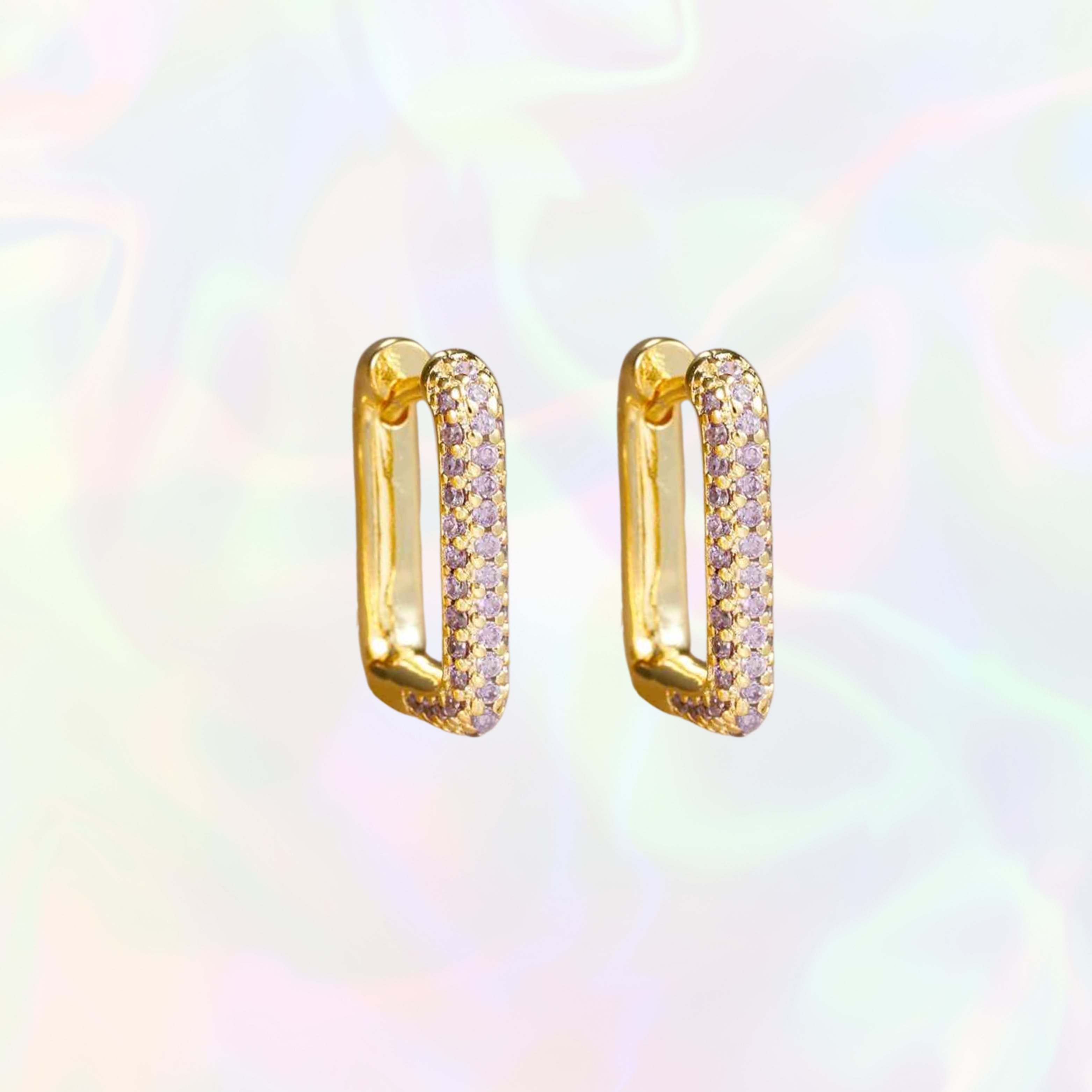 Waterproof square hoop earrings in gold and purple.